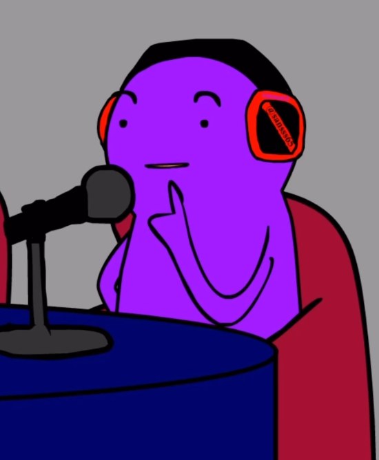 Purple character behind a podcast microphone